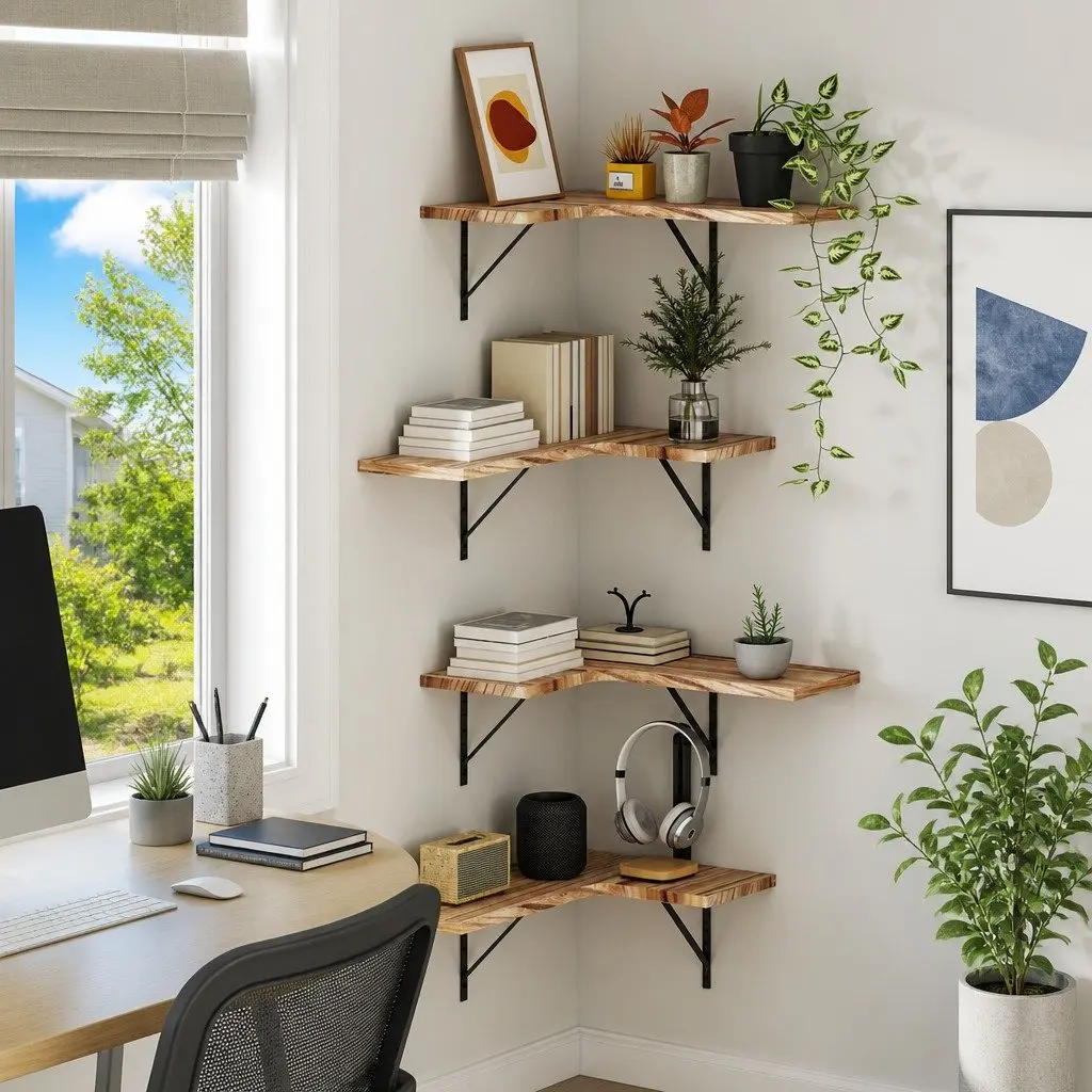 Set of 4 Oak Wood Floating Corner Shelves with Brackets