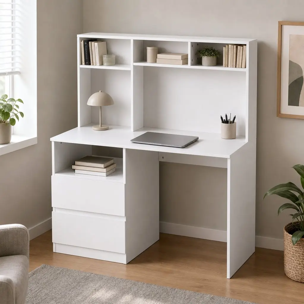 White Computer Desk with Storage and Drawer