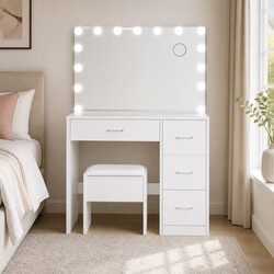 Hollywood Makeup Vanity with Stool and 15 LED Bulbs
