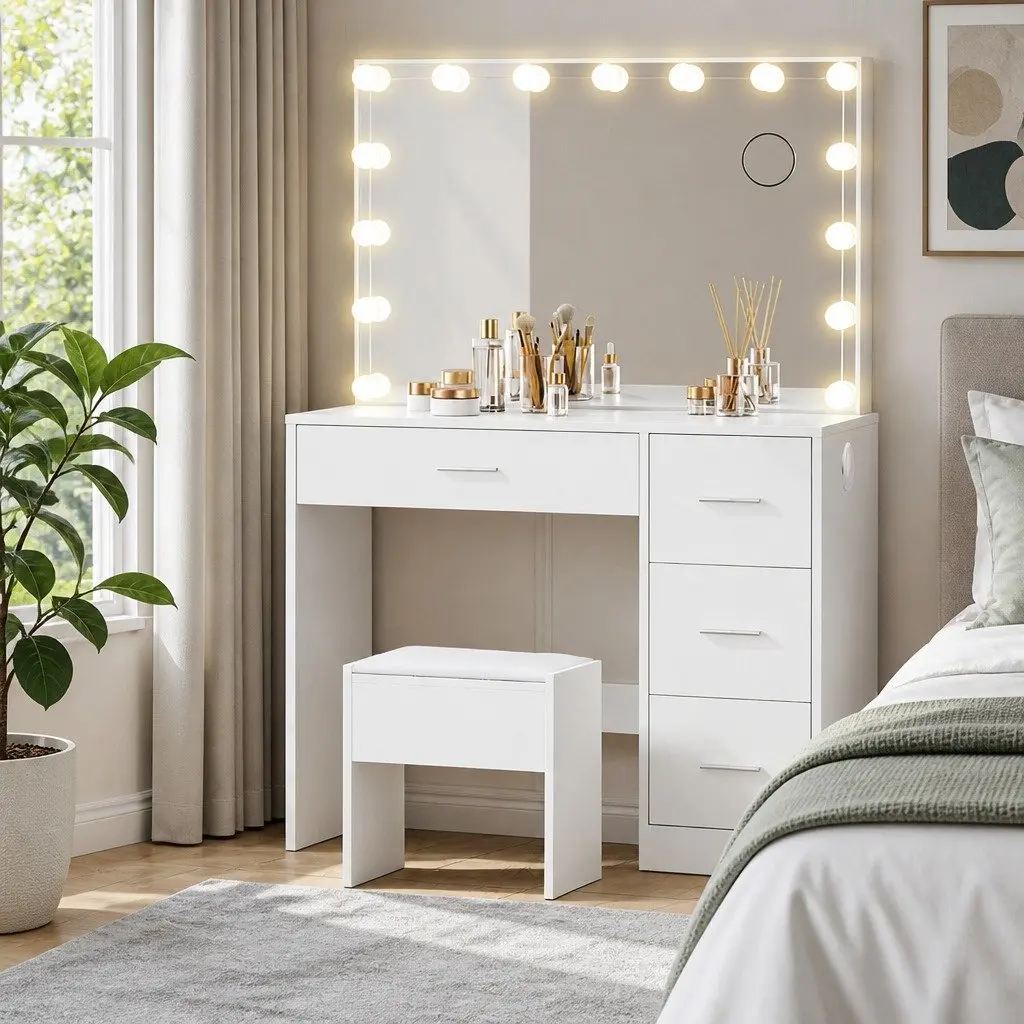 White Dressing Table with Stool LED Mirror Makeup Vanity Set Storage Drawers