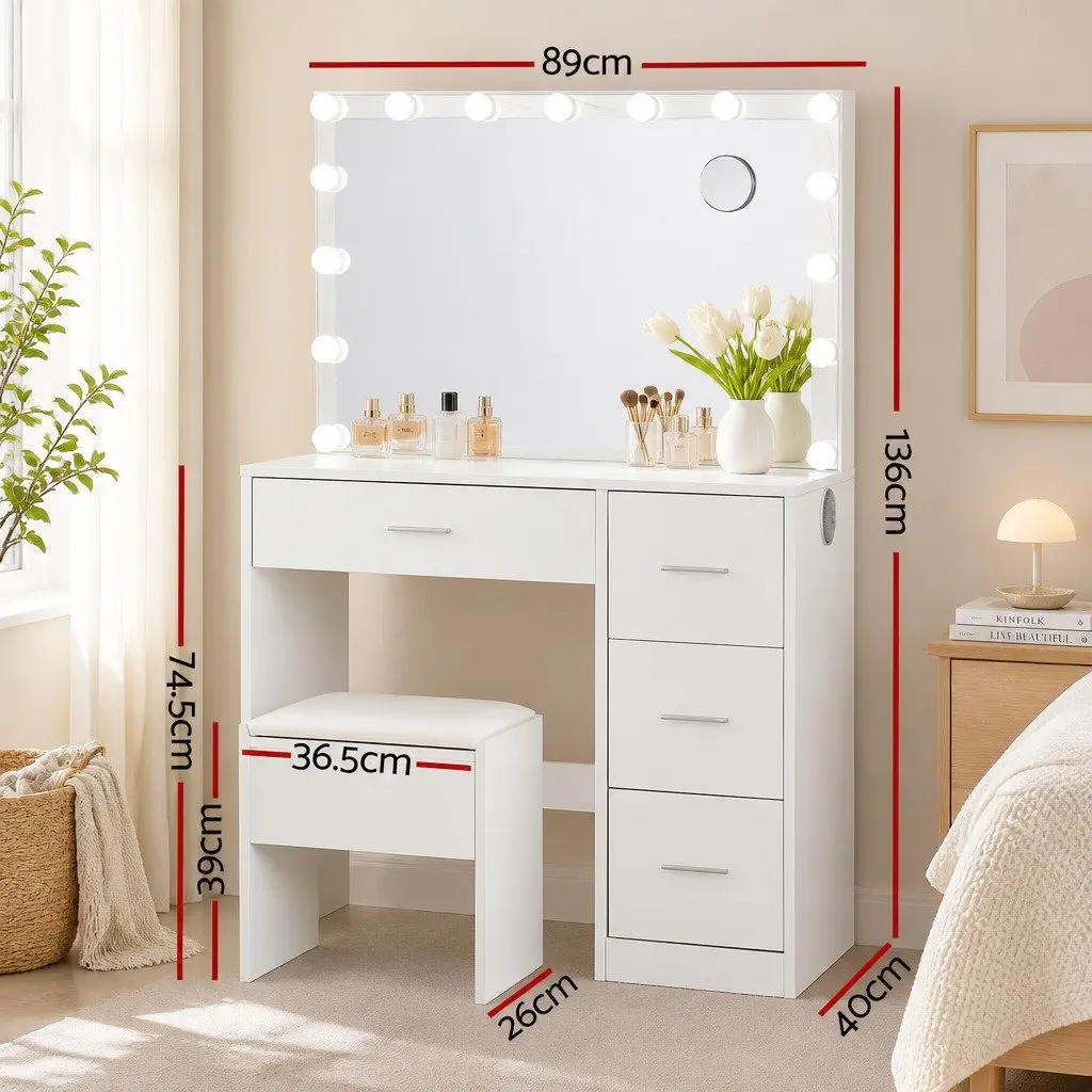 White Dressing Table with Stool LED Mirror Makeup Vanity Set Storage Drawers