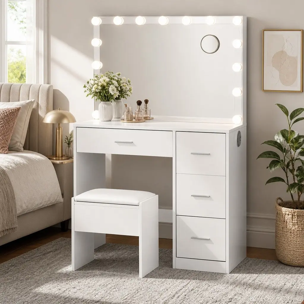 White Dressing Table with Stool LED Mirror Makeup Vanity Set Storage Drawers