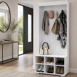 Hall Tree Shoe Rack Cabinet with Coat Hooks Bench Storage 180cm White