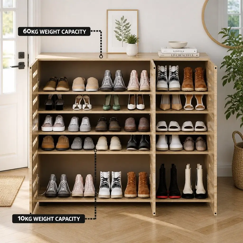 Shoe Storage Cabinet Particleboard Oak 114cm x 33.5cm x 94.5cm Ventilated Doors Adjustable Shelves 5 Tiers