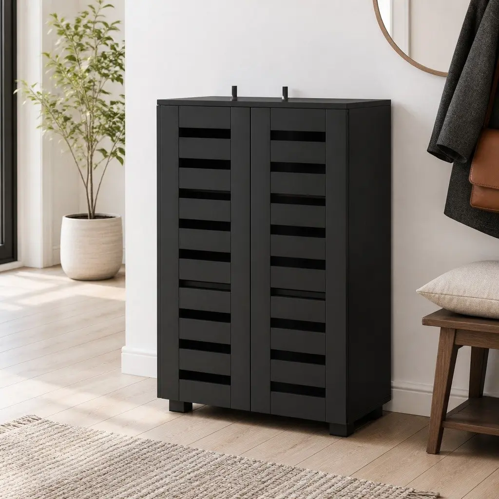5-Tier Black Shoe Rack with Ventilated Slatted Door