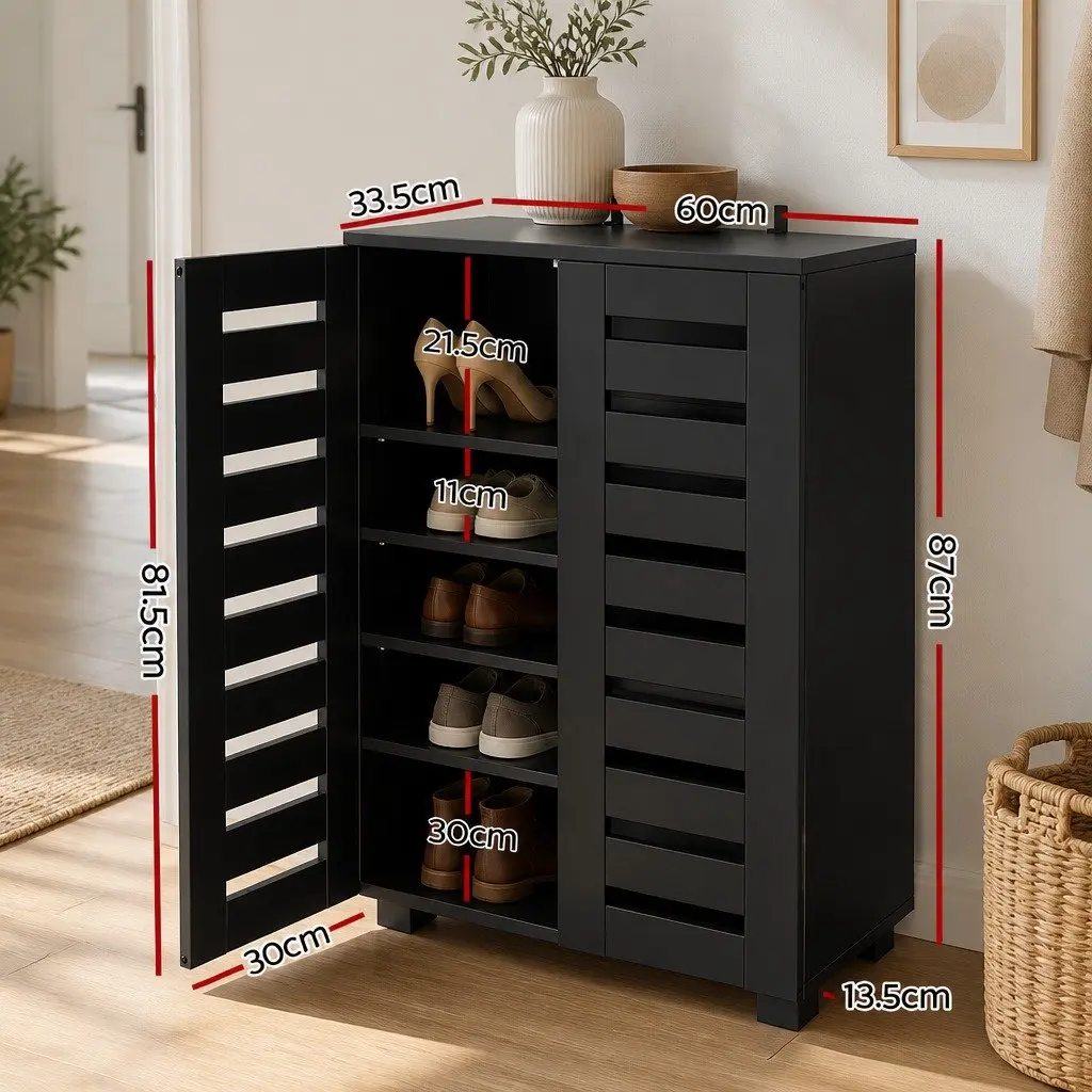 5-Tier Black Shoe Rack with Ventilated Slatted Door