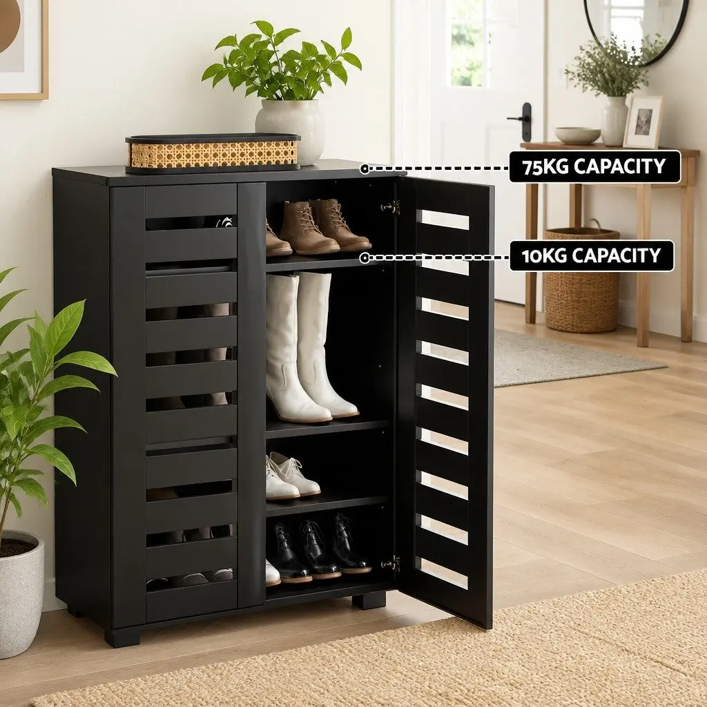 5-Tier Black Shoe Rack with Ventilated Slatted Door