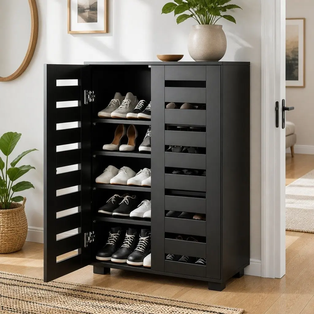 5-Tier Black Shoe Rack with Ventilated Slatted Door