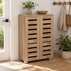 Shoe Rack Cabinet 20 Pairs 5-Tier Organisor Storage Ventilated Doors Oak Wood