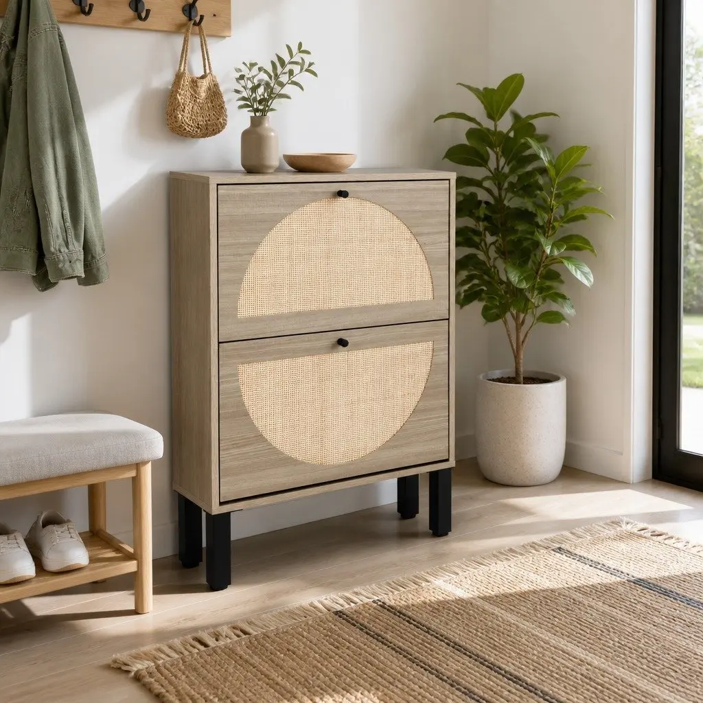 Shoe Rack Cabinet with Rattan Mesh Drawers