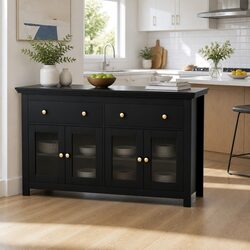 Sturdy Black Buffet Sideboard with Glass Doors, 130cm