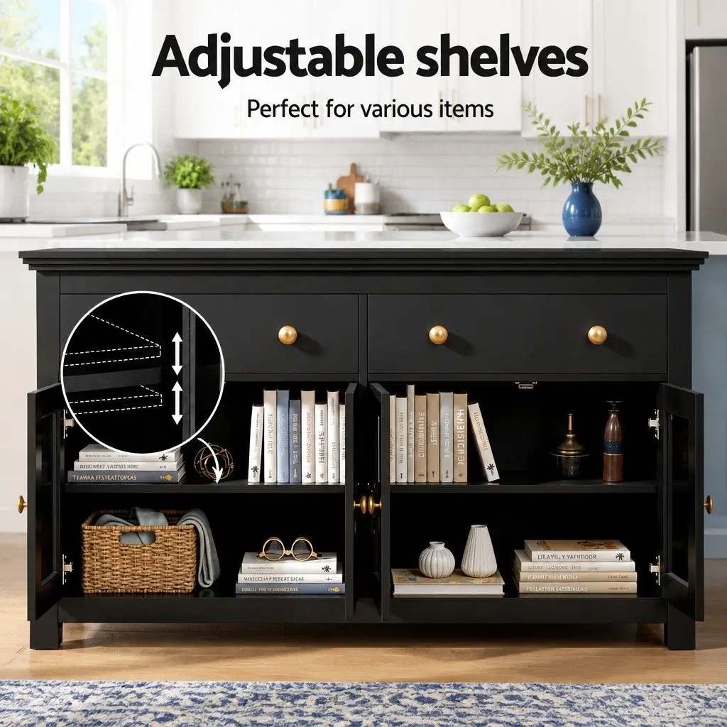 Buffet Sideboard Storage Cabinet Particle Board 130cm Black Clear Glass Door