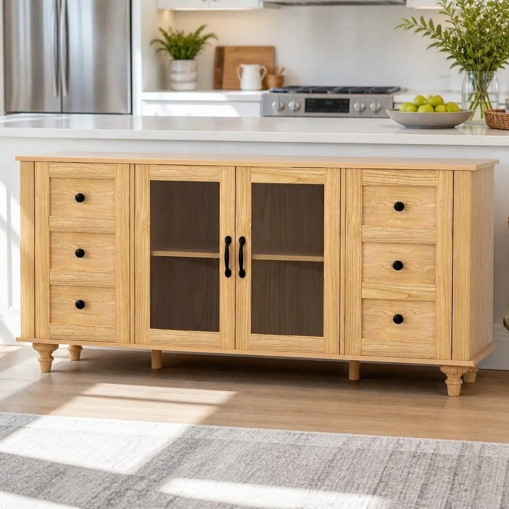 Pine Buffet Sideboard Cabinet with Tempered Glass
