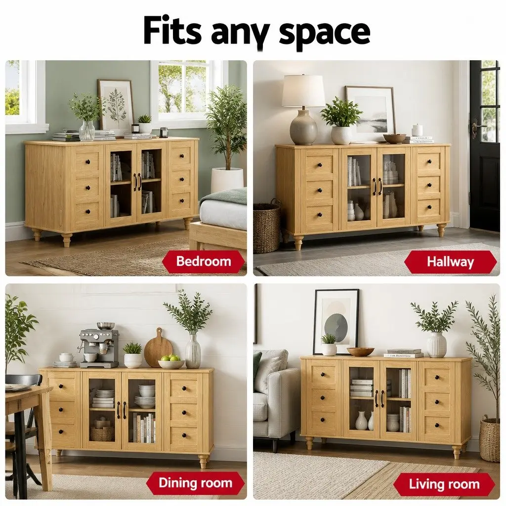 Buffet Sideboard Storage Cabinet Particle Board MDF Tempered Glass Pine 150CM