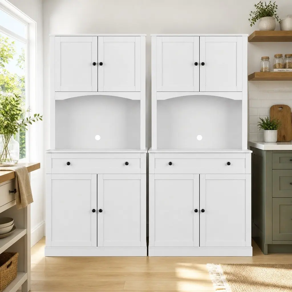 Buffet Sideboard Cabinet Particleboard MDF Metal 180cm High White Set of 2