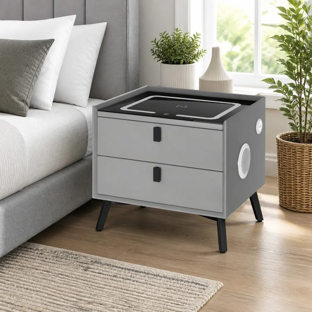 Bedside Table MDF with PU Leather Grey 50cm x 40cm x 44cm