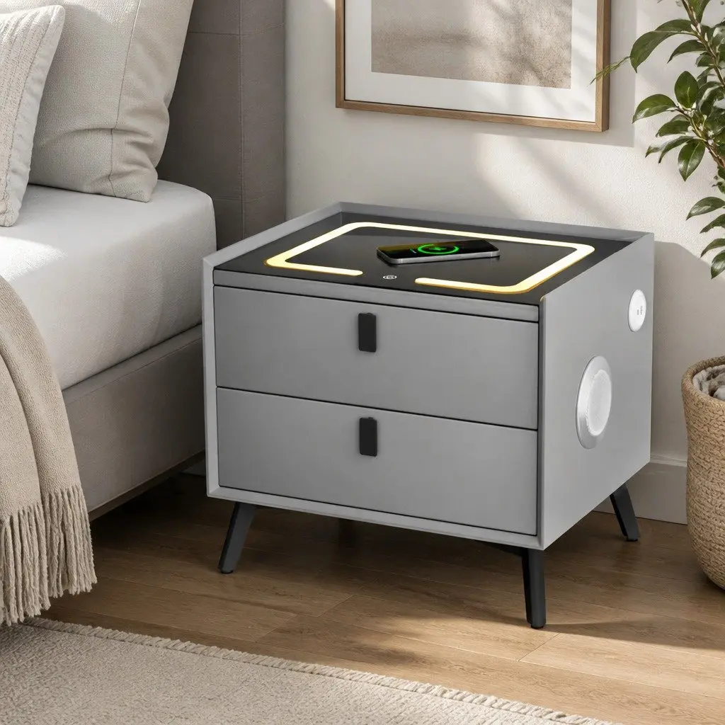 Bedside Table MDF with PU Leather Grey 50cm x 40cm x 44cm