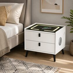 Smart Bedside Table 2 Drawers Wireless Charging LED Lights Bluetooth Speaker