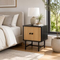 Modern Black Nightstand with Fluted Sliding Doors