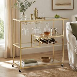 Gold Metal Bar Cart with Glass Shelves and Wine Rack