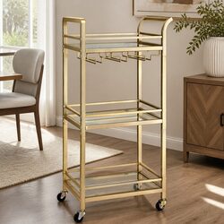 Kitchen Island Cart Trolley Rolling Serving Storage 43cm Gold 3-Tier Glass