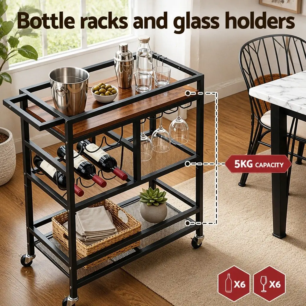 Bar Cart Metal Black 72cm W x 28cm D x 81.5cm H Serving Trolley with Removable Wine Rack Glass Holder and 4 Casters for Kitchen Dining