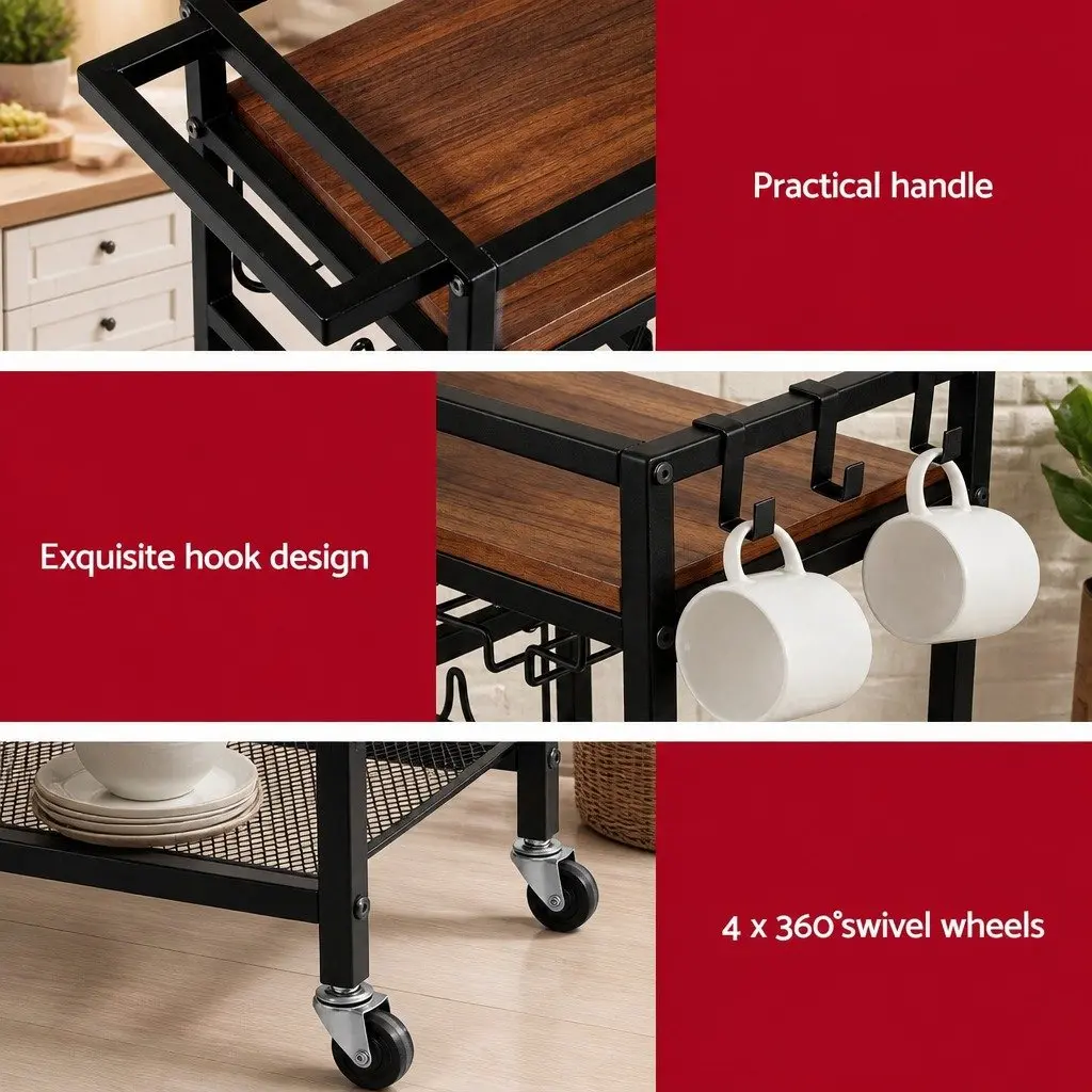 Bar Cart Metal Black 72cm W x 28cm D x 81.5cm H Serving Trolley with Removable Wine Rack Glass Holder and 4 Casters for Kitchen Dining