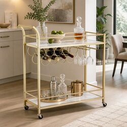 Bar Cart Drinks Trolley Kitchen Serving Wine Rack Glass Holder 85cm Gold Frame