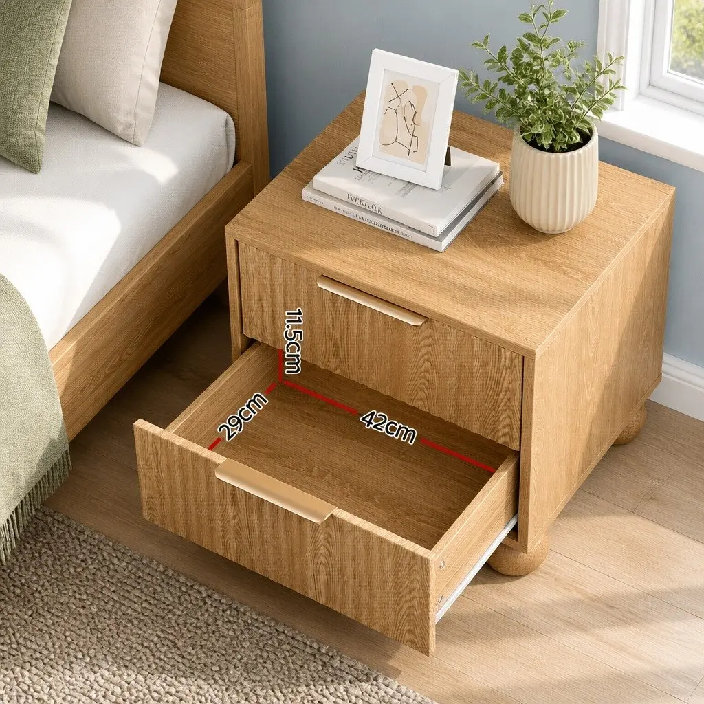 Pine MDF Bedside Table with 2 Drawers