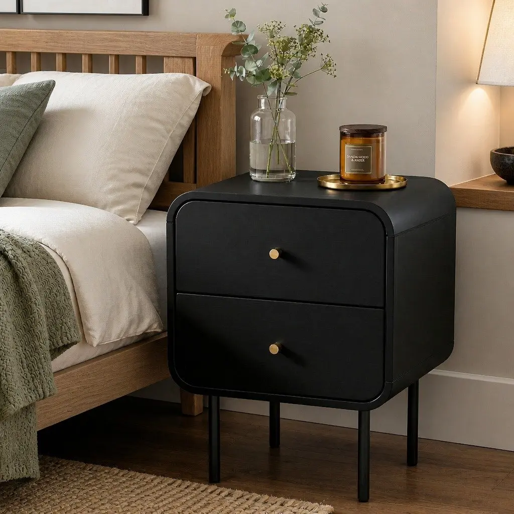 Bedside Table with 2 Drawers and Metal Handles
