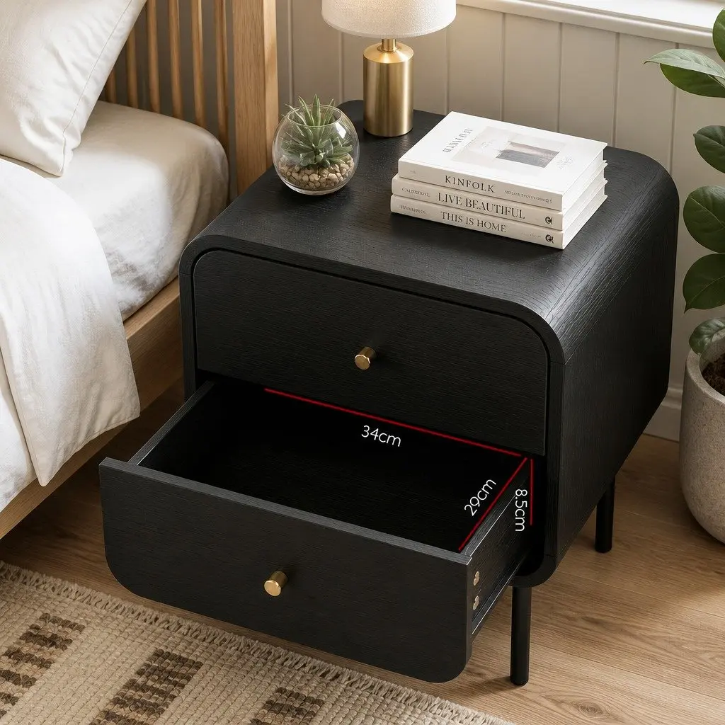 Bedside Table with 2 Drawers and Metal Handles