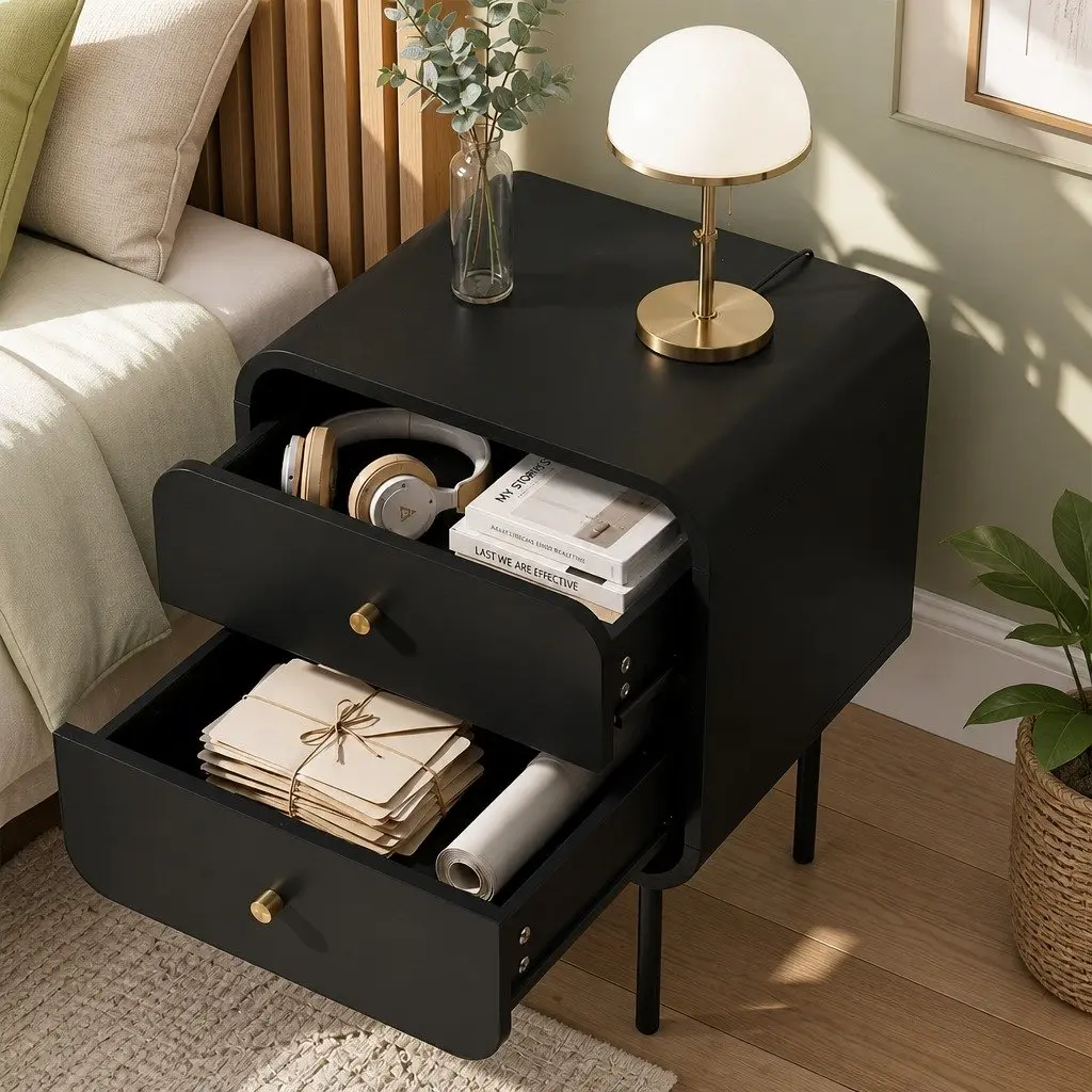 Bedside Table with 2 Drawers and Metal Handles