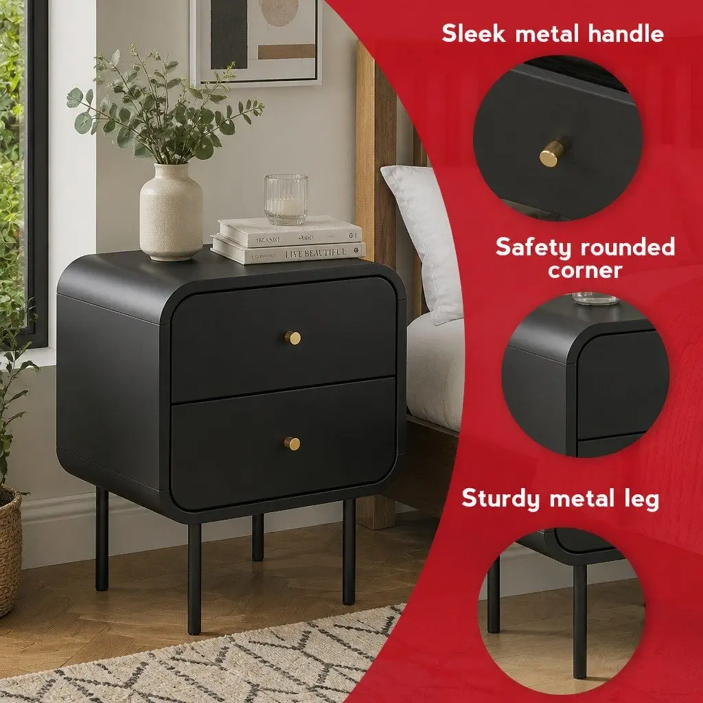 Bedside Table with 2 Drawers and Metal Handles