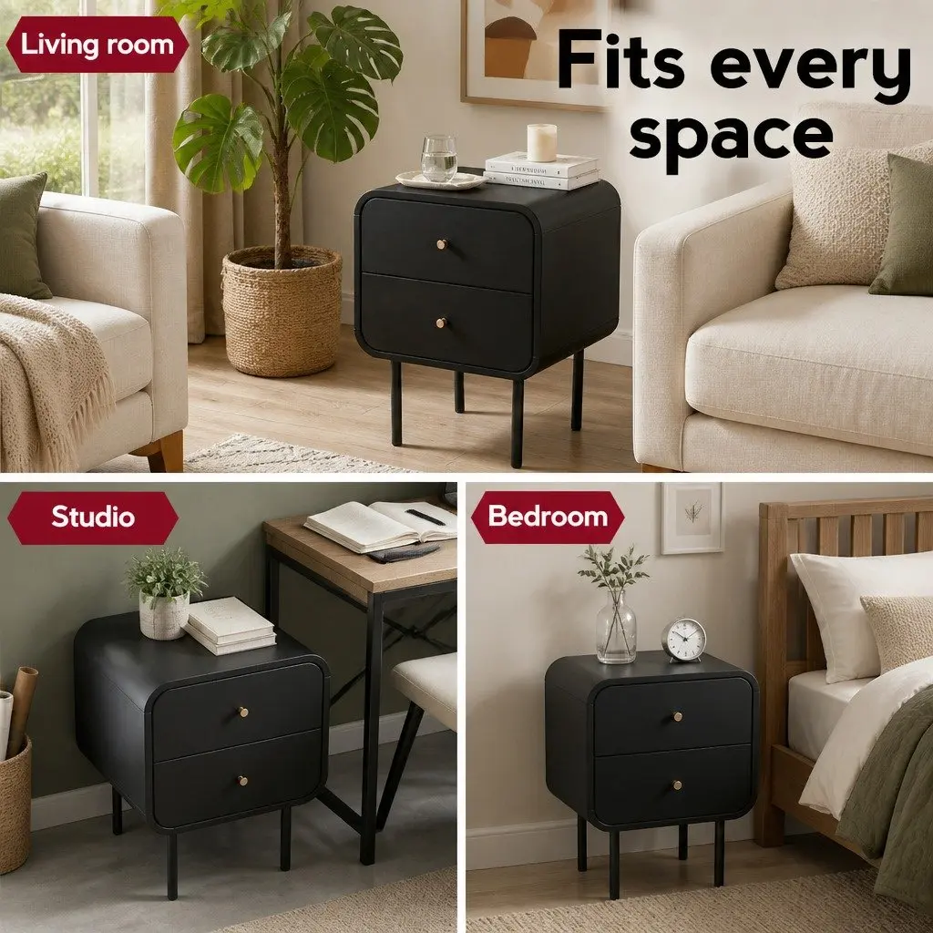 Bedside Table with 2 Drawers and Metal Handles