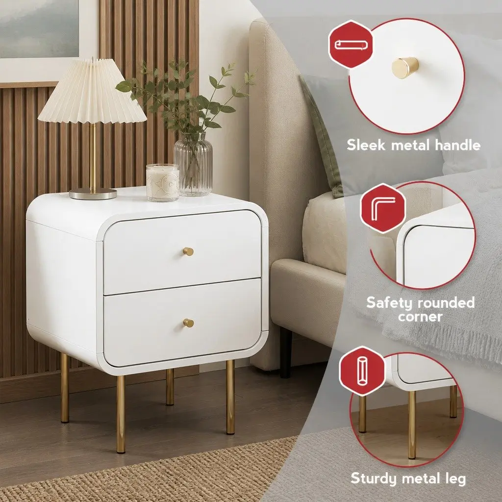 Bedside Table with 2 Drawers and Metal Legs