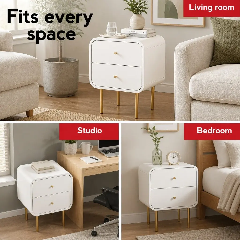 Bedside Table with 2 Drawers and Metal Legs