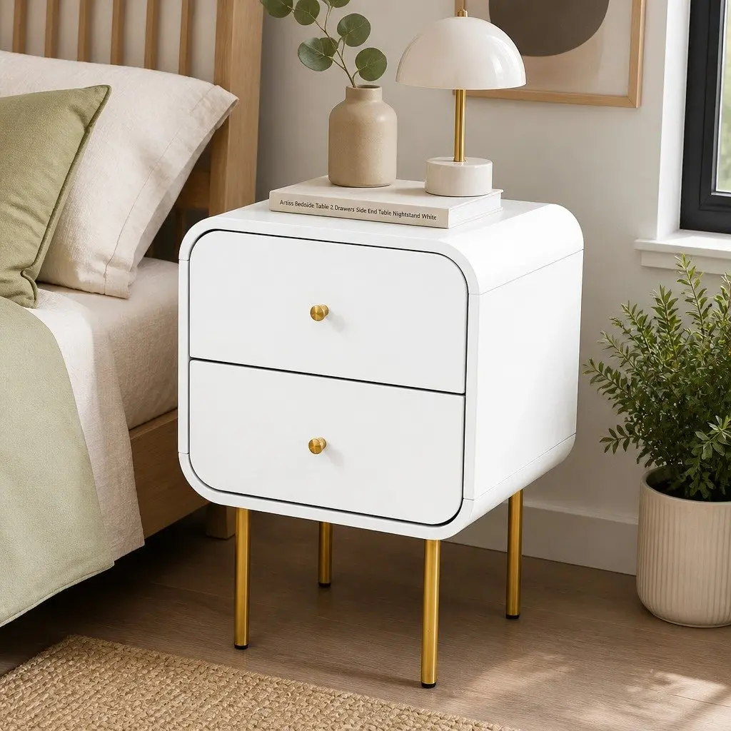 Bedside Table with 2 Drawers and Metal Legs