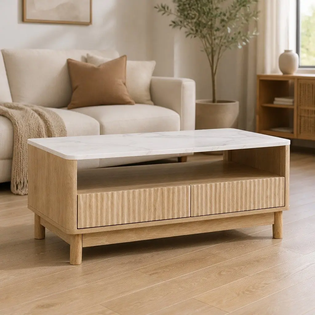 White Marble Effect Coffee Table with Drawers