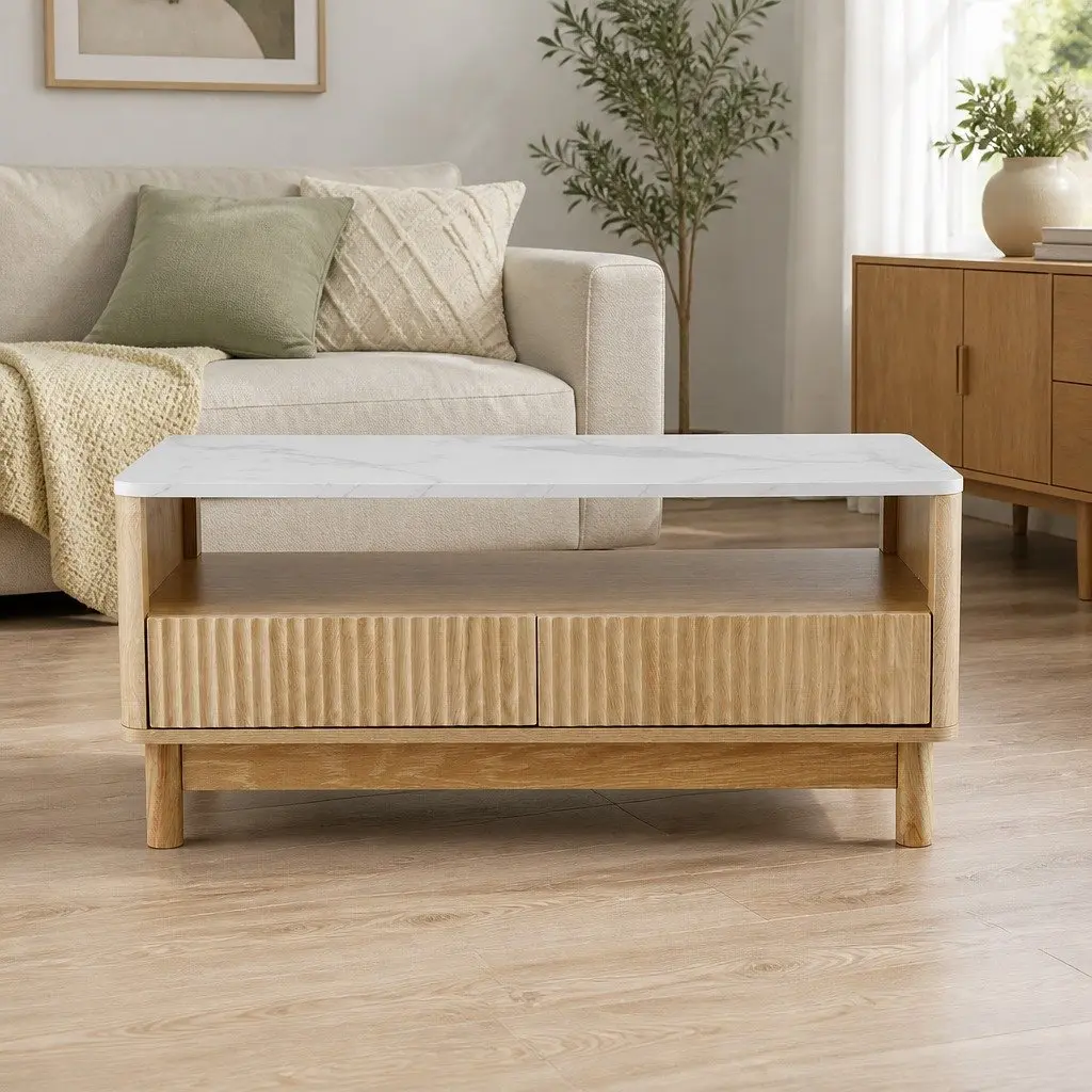 Coffee Table MDF Wood White Marble Effect 90cm Living Room Furniture