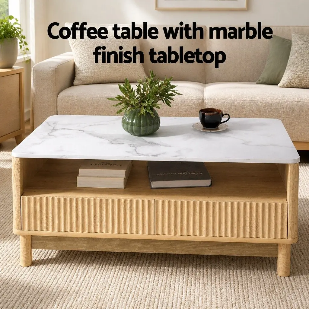 Coffee Table MDF Wood White Marble Effect 90cm Living Room Furniture