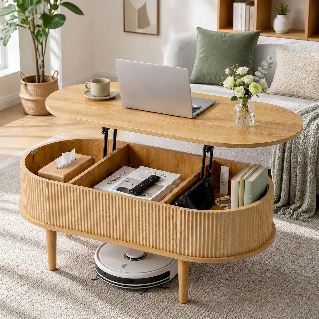 Lift Top Coffee Table MDF 100cm Oval Natural Colour