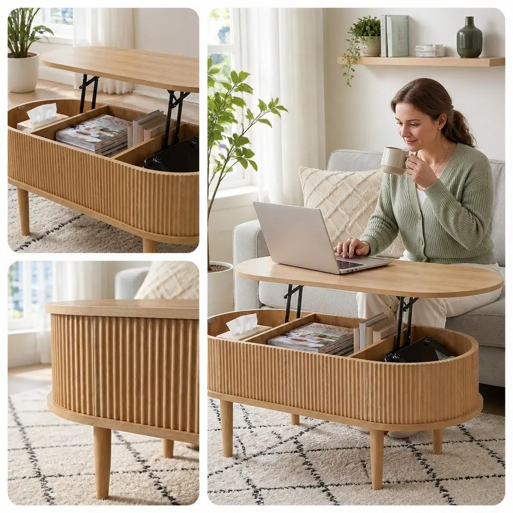 Lift Top Coffee Table MDF 100cm Oval Natural Colour