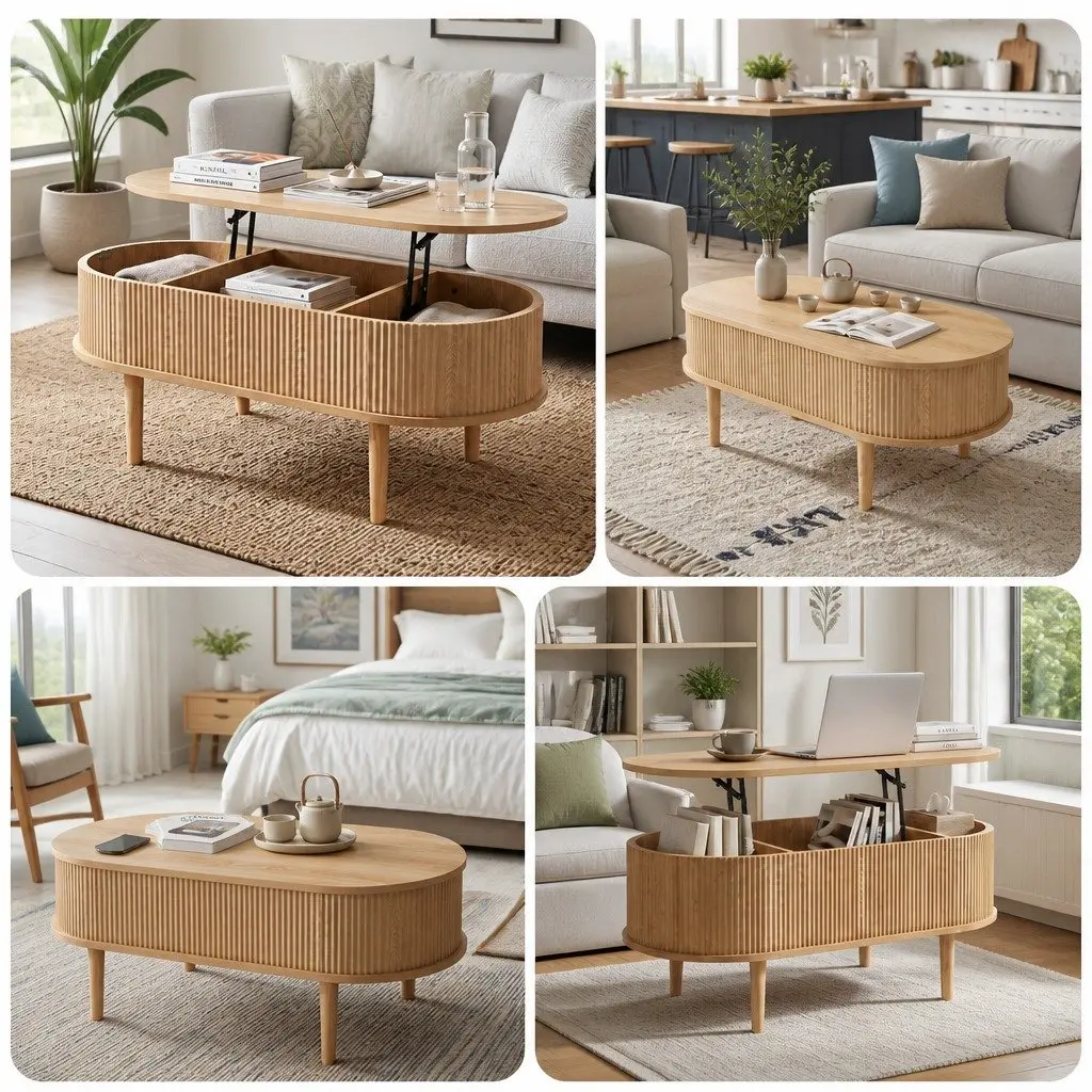 Lift Top Coffee Table MDF 100cm Oval Natural Colour