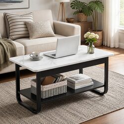 2-Tier Coffee Table 80CM Marble Rectangular Living Room Storage Shelf