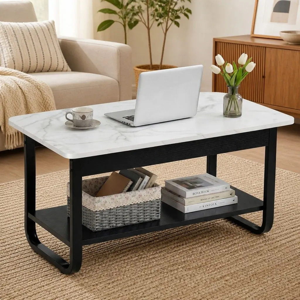 2-Tier Coffee Table with Marble Top and Storage