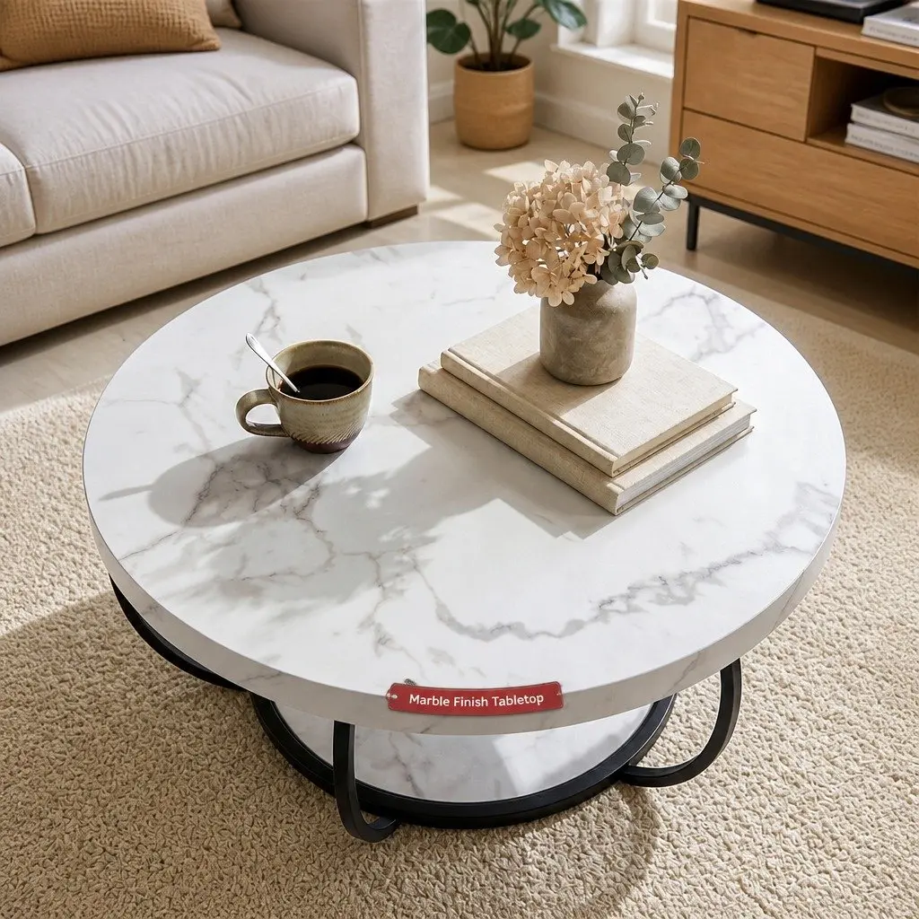 Round Coffee Table Marble 80cm White Black 2-Tier Living Room Furniture