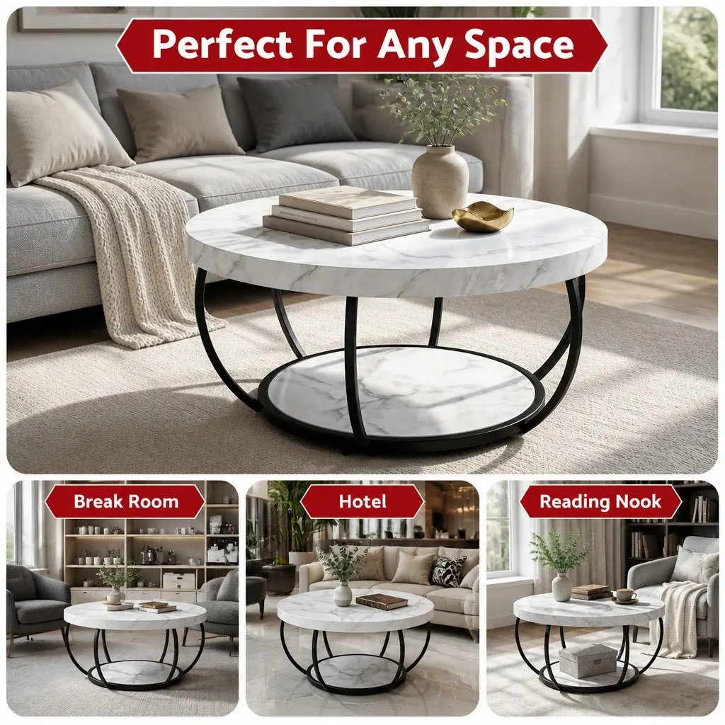 Round Coffee Table Marble 80cm White Black 2-Tier Living Room Furniture
