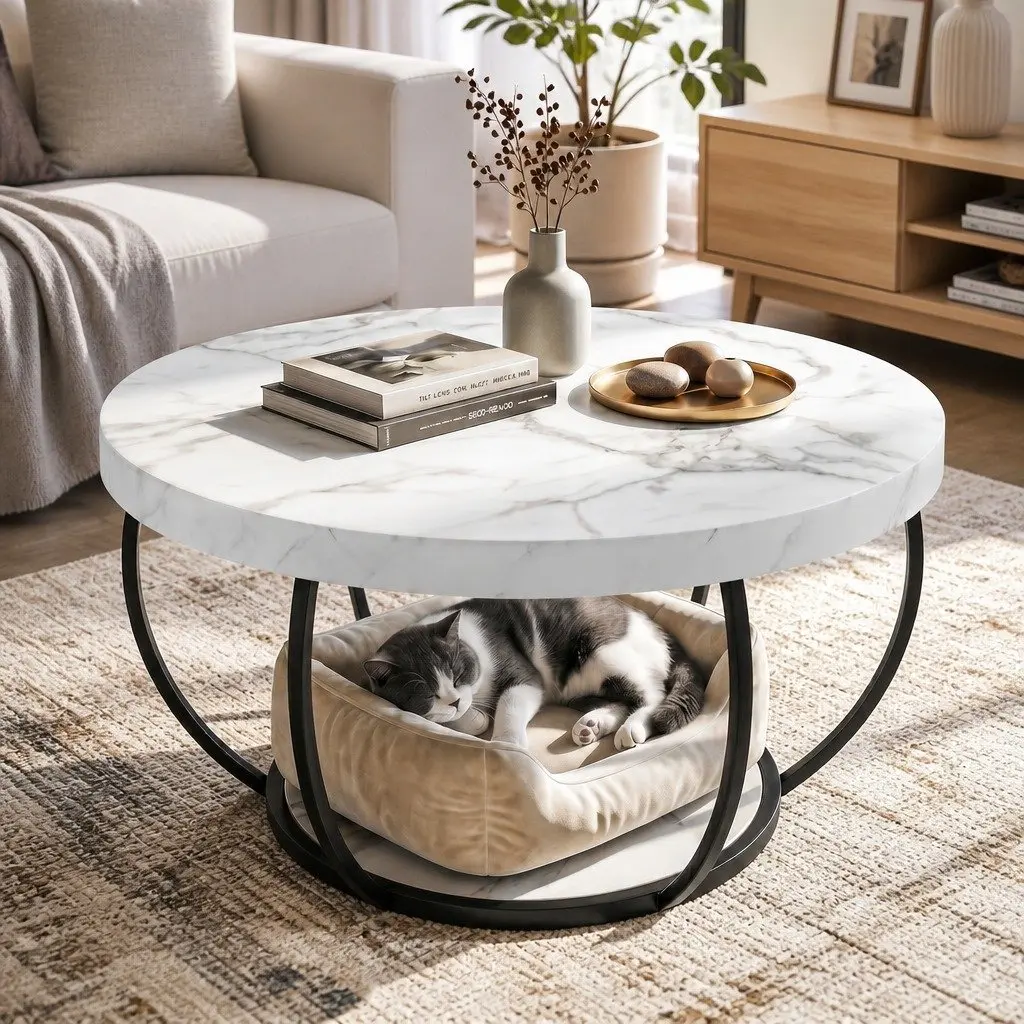 Round Coffee Table Marble 80cm White Black 2-Tier Living Room Furniture