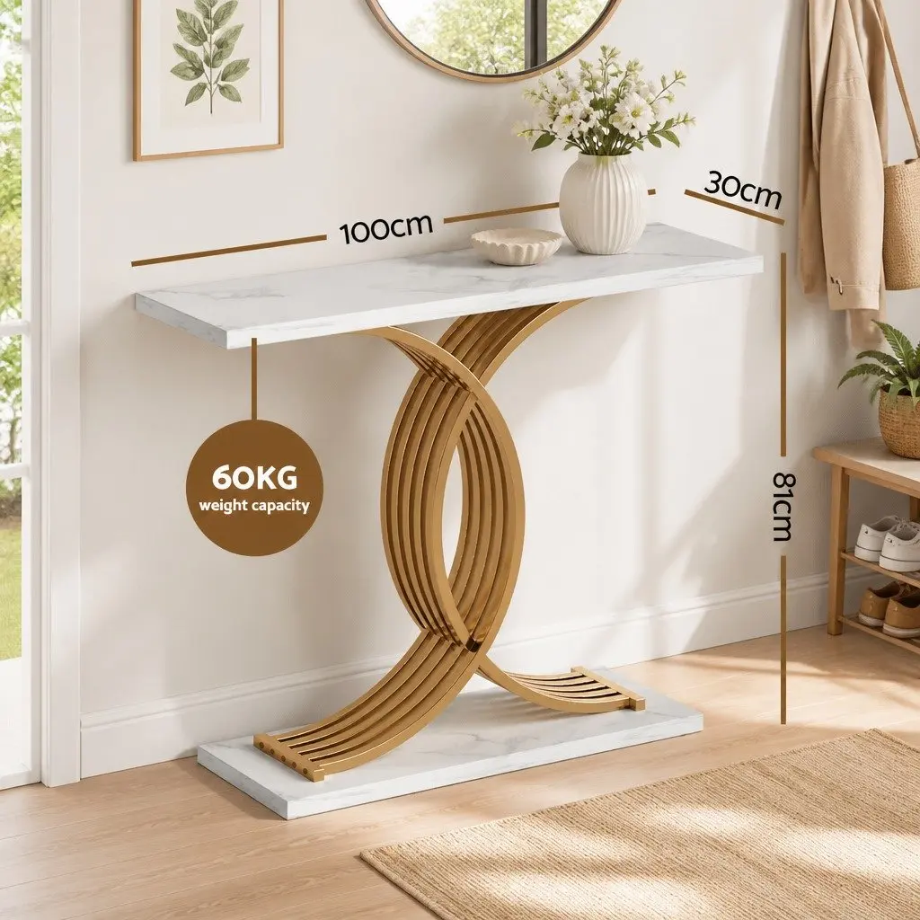 Console Table MDF Faux Marble Effect White Gold 100cm x 30cm x 81cm