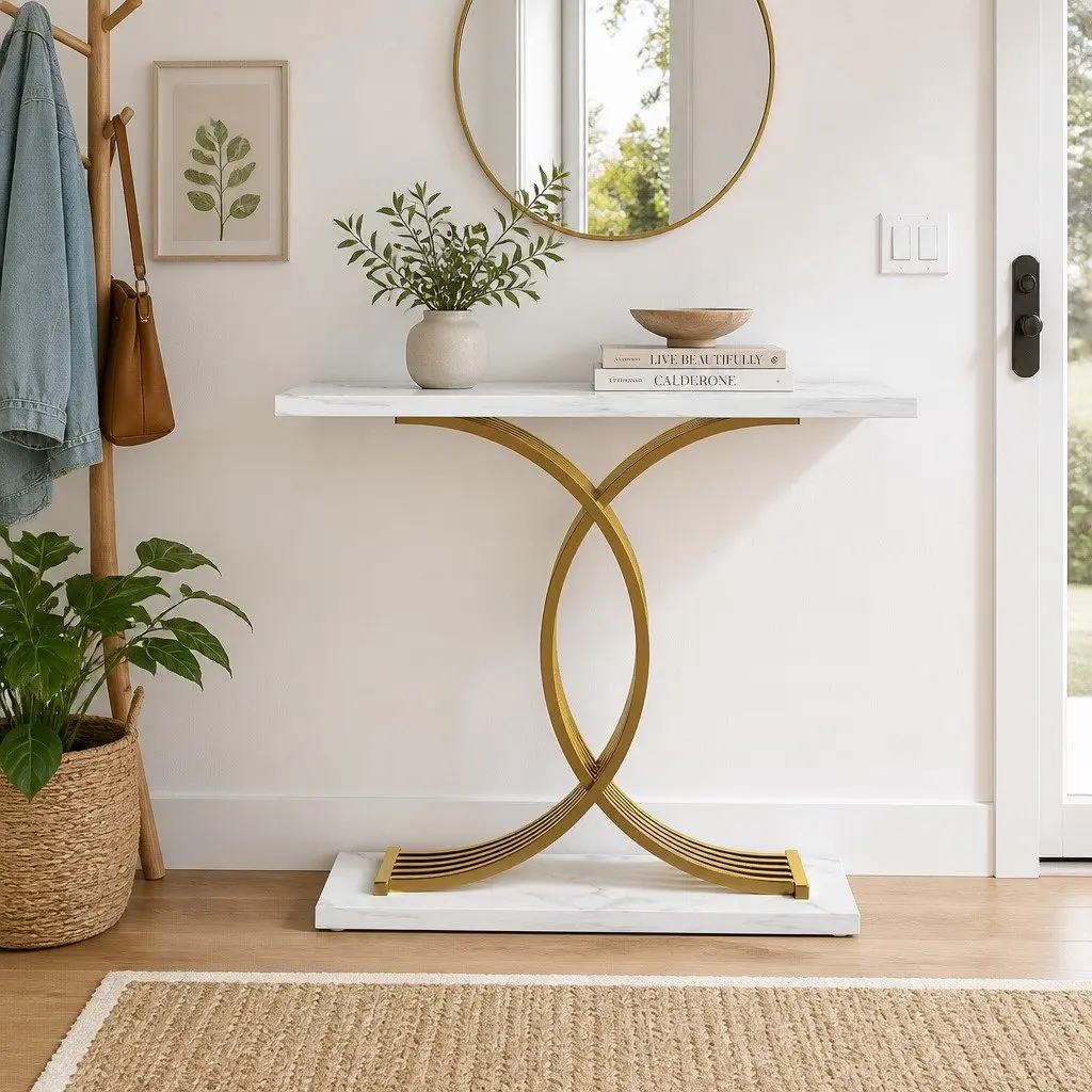 Console Table MDF Faux Marble Effect White Gold 100cm x 30cm x 81cm